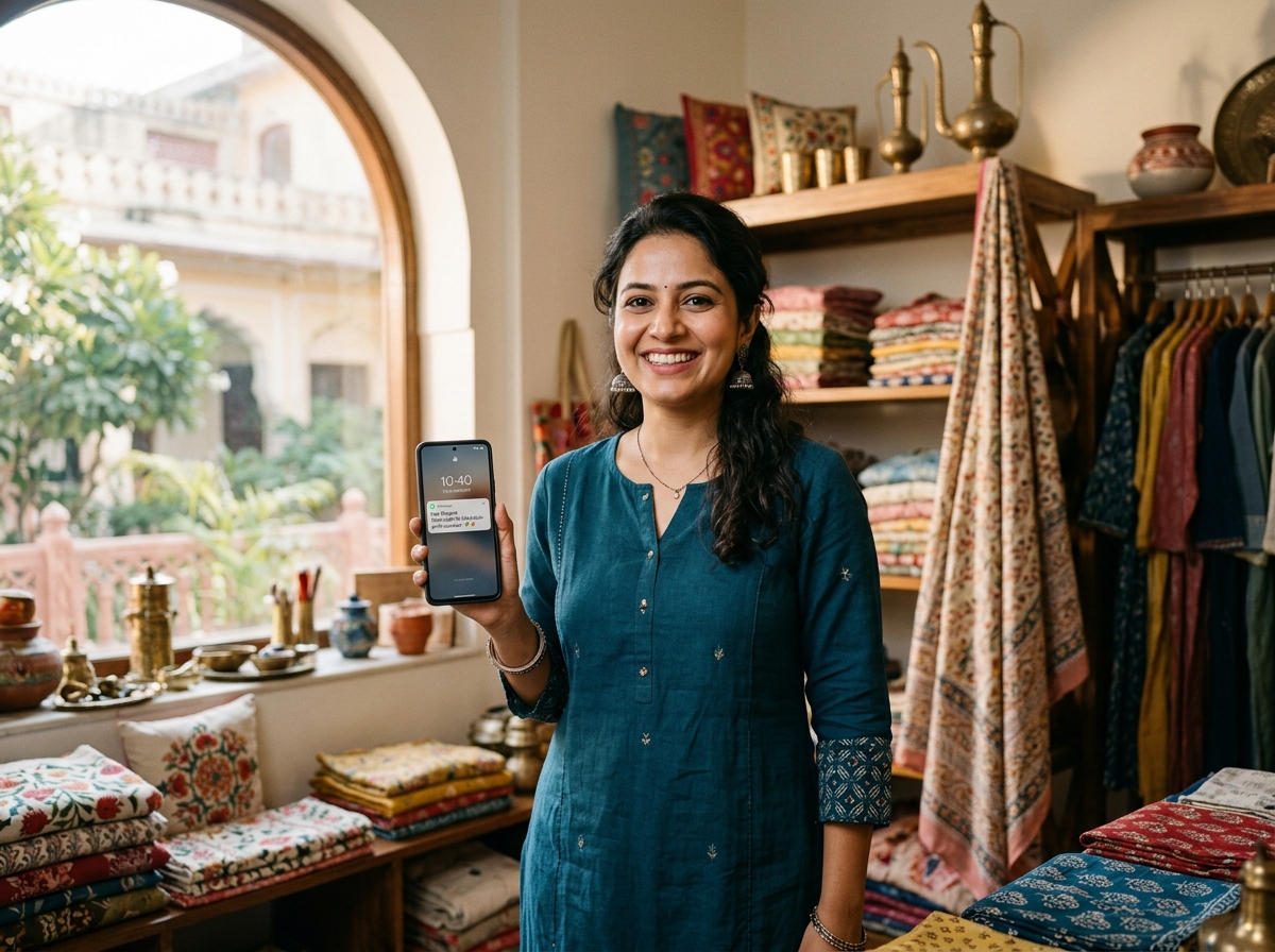 Indian boutique entrepreneur managing customer orders on WhatsApp